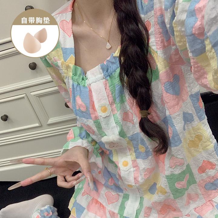 春秋季爆款甜美风格子自带胸垫睡衣女款长袖长裤云朵棉家居服套装