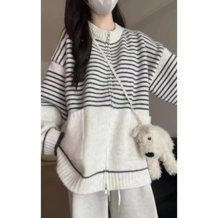 韩系慵懒风穿搭条纹外穿毛衣秋冬女宽松学院风拉链加厚衫外套