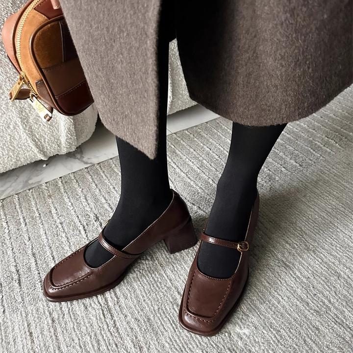牛皮版~复古新款一字扣粗跟高跟鞋女春方头玛丽珍鞋厚底单鞋瓢鞋