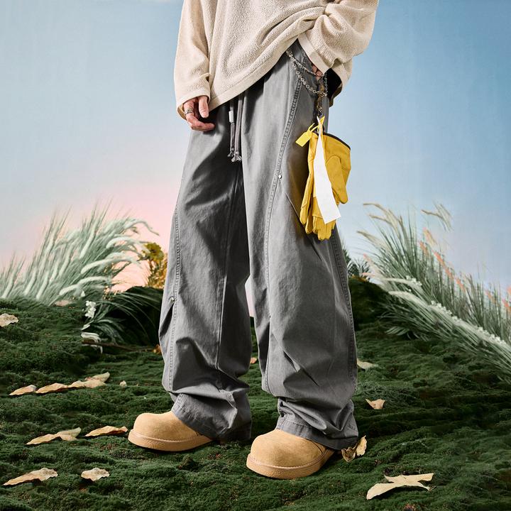 Nuthink美式潮牌复古褶皱弯刀裤阔腿直筒长裤洗水男2025秋季新款