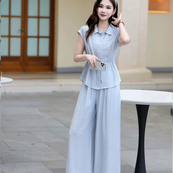 拉夏贝尔衬衫套装女2025夏季新款时尚洋气显瘦气质阔腿裤两件套裤