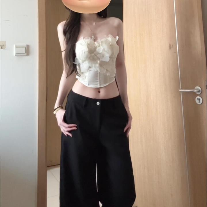 2025夏季纯欲风立体花裹胸背心修身性感抹胸上衣搭高腰直筒长裤女