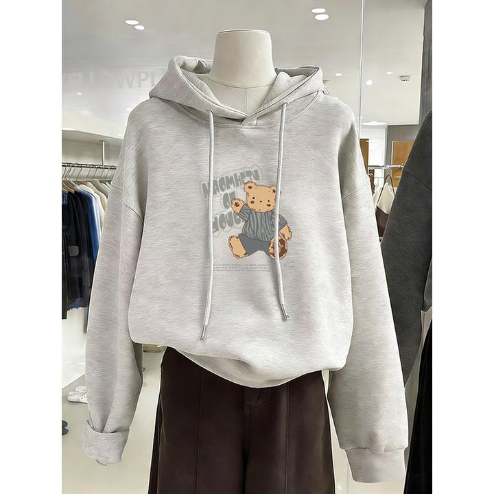 白灰色套头连帽卫衣女秋冬加绒加厚保暖小个子短款纯色长袖上衣服