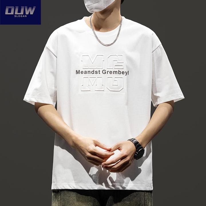 O.U.W2025夏季宽松重磅短袖男士新款字母圆领套头上衣运动休闲t恤