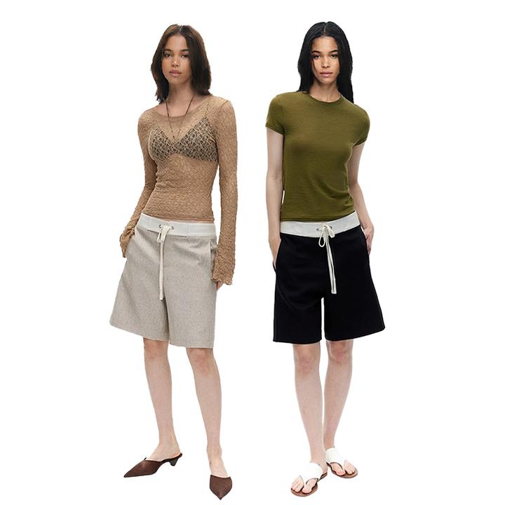 毒素新款亚麻短裤女25年夏季松紧腰抽绳阔腿裤休闲运动外穿直筒裤