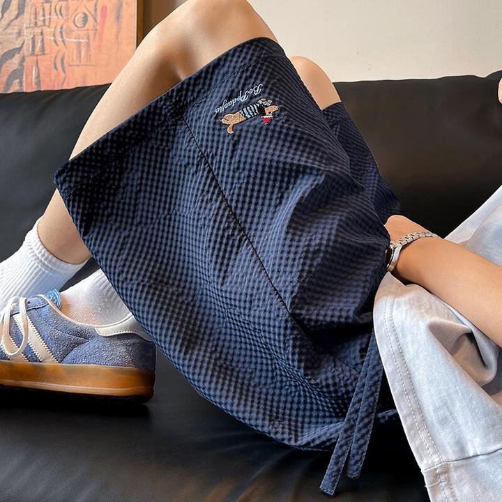 泡泡纱腊肠小狗刺绣短裤男夏季薄款休闲运动百搭多巴胺速干五分裤