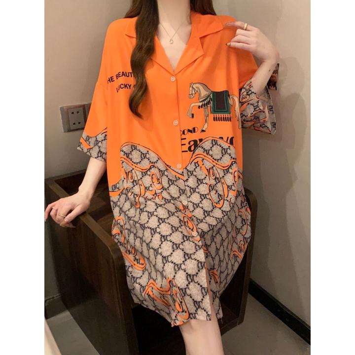 【梦舒屋】冰丝衬衫睡裙女士春夏季薄款睡衣胖妹妹宽松中长款家居服