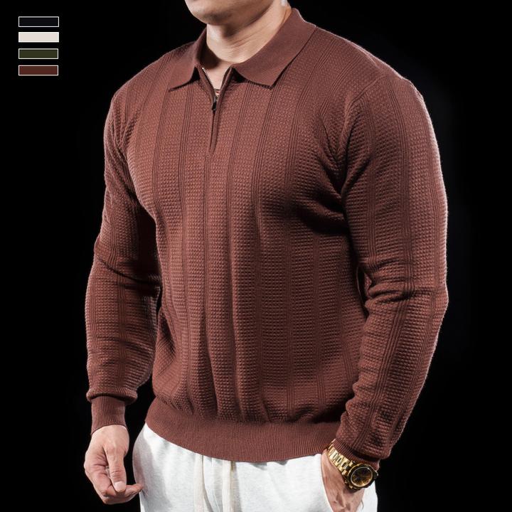 霸道肌肉男士翻领POLO衫长袖针织衫毛衣秋冬极简百搭打底衫纯色