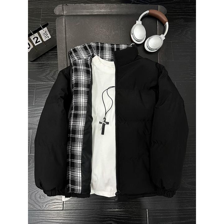 cleanfit黑色格子拼接棉服男女款冬季立领夹克外套加厚晋江棉袄