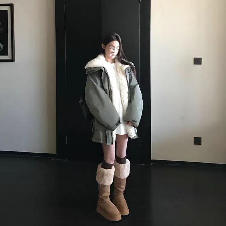 露思同款加厚内里毛绒拼接派克保暖冲锋衣女百搭连帽冬季外套