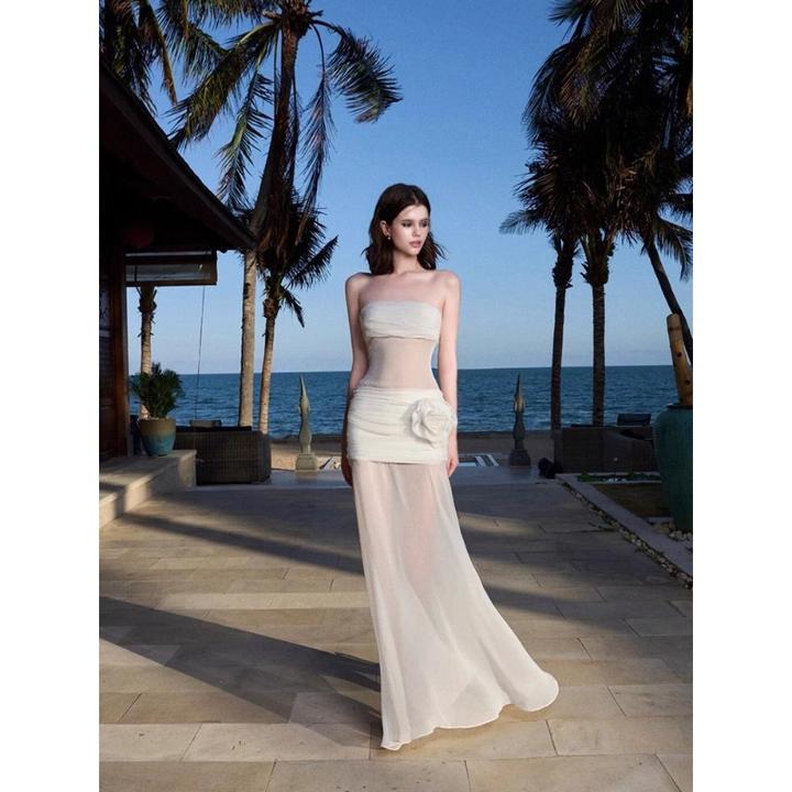 法式纯欲性感透视网纱抹胸连衣裙旅游拍照海边度假气质包臀长裙子