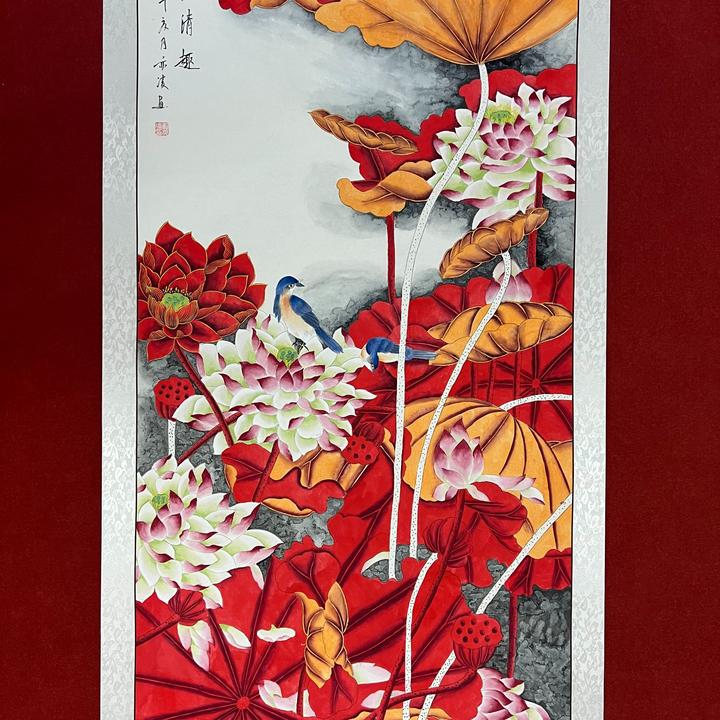 416四尺77x163cm荷塘清趣金红已裱片玄关书房客厅现代手工装饰画
