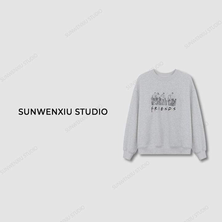swx studio5店 ”灰色头像“美式复古圆领印花加绒套头卫衣