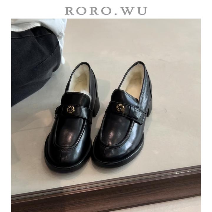 娆娆吴·头层牛皮复古英伦加绒增高毛毛鞋秋冬新款粗跟单鞋女E38