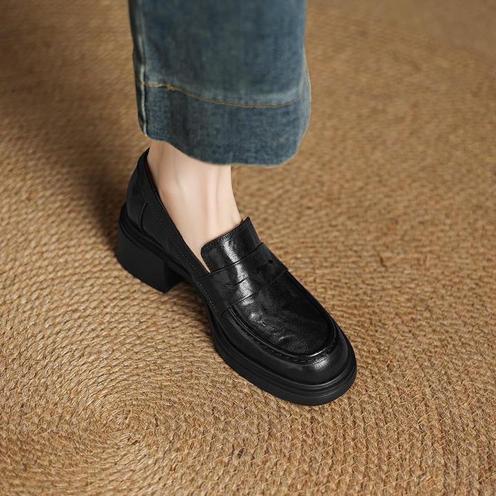 复古手抓羊皮粗跟乐福鞋女一脚蹬法式单鞋40厚底小皮鞋大码41—43