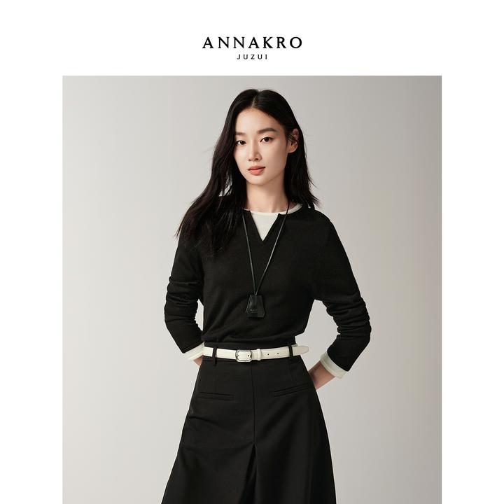 玖姿安娜蔻KWFQ31007撞色假两件羊毛针织衫打底衫女2025秋新款
