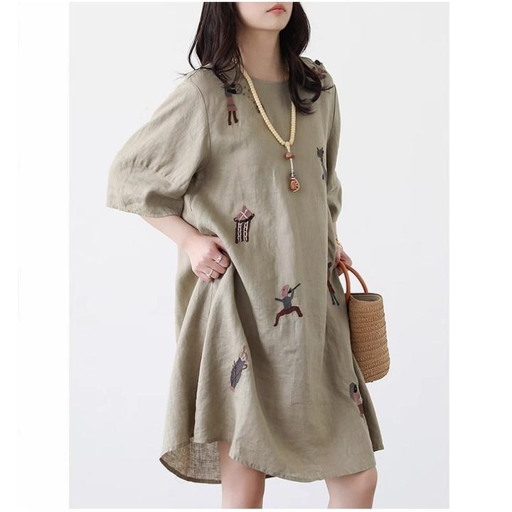 2025夏季新款文艺宽松透气刺绣休闲简约五分袖亚麻连衣裙女中长款