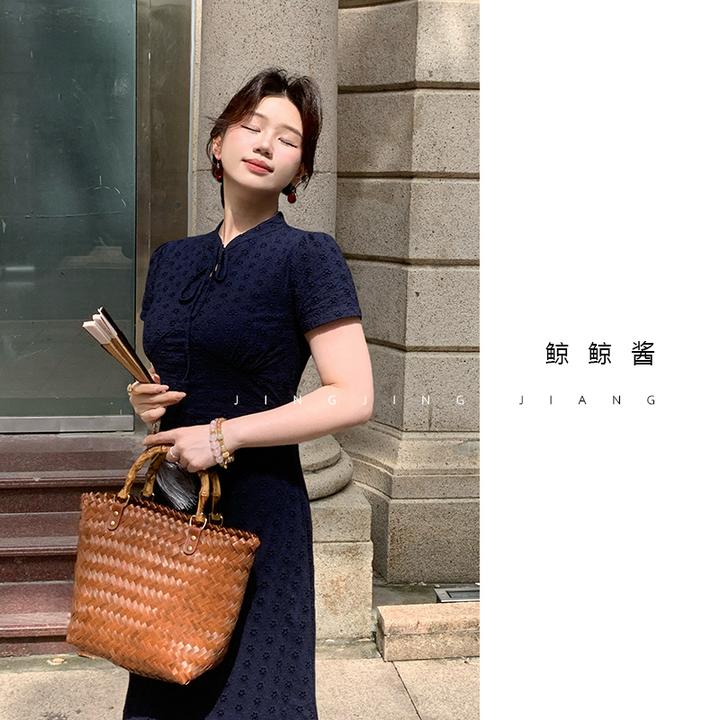 ZOZ鲸鲸酱【半盏蓝韵】夏季蓝色小众连衣裙女设计感收腰旗袍长裙