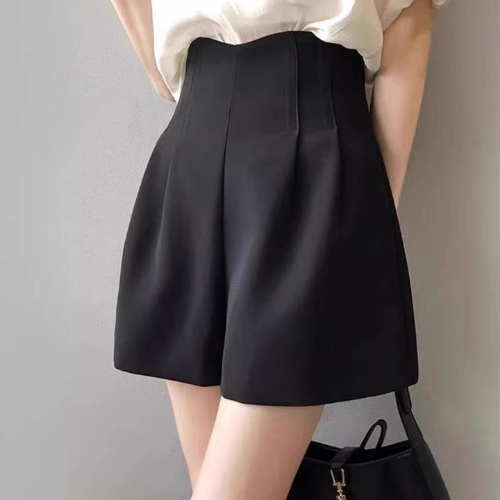 芯娇晴黑色阔腿西装裤女2025夏季新款时尚高腰休闲裤A字花苞短裤