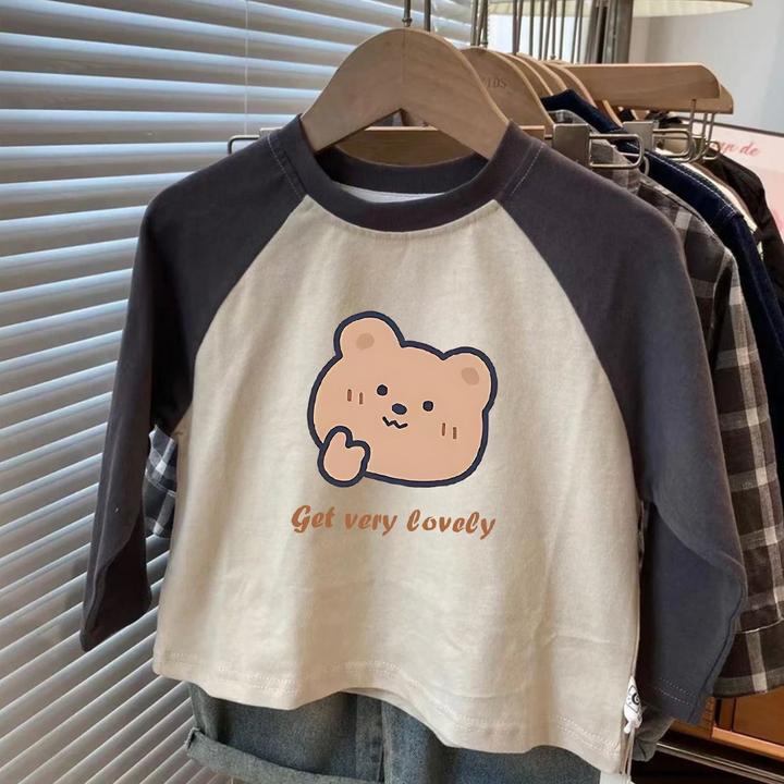 韩系纯棉儿童新款长袖可爱百搭圆领男女童T恤卡通拼色宝宝上衣