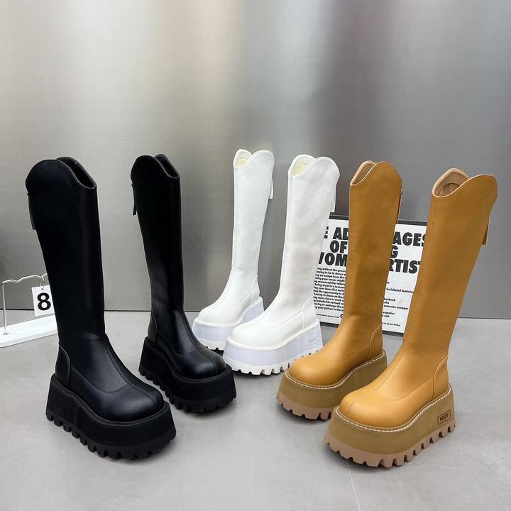 不过膝长靴女2025新款厚底8cm松糕瘦瘦靴小个子高筒靴圆头骑士靴