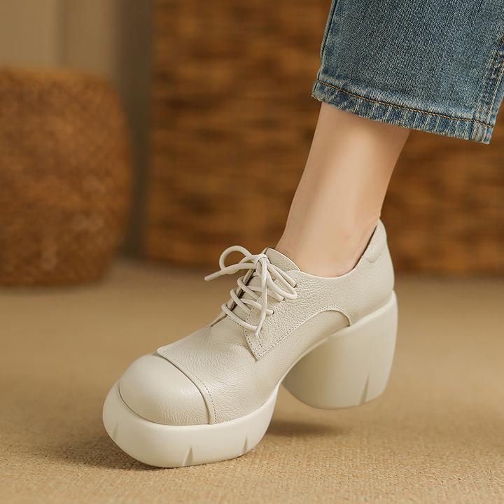 巨好穿8.5cm粗跟软羊皮单鞋小个子防水台高跟鞋女圆头厚底小皮鞋