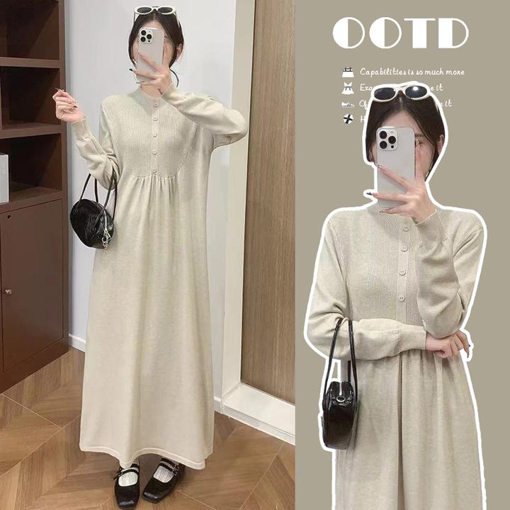 孕妇连衣裙简约秋冬宽松针织连衣裙过膝长款显瘦气质减龄打底裙子