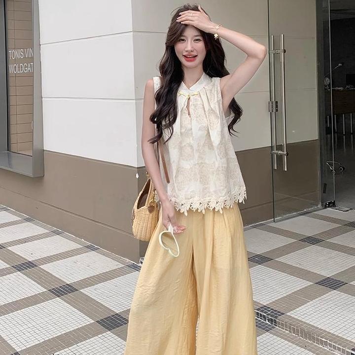 新中式休闲温柔无袖背心套装女2025夏季新款高腰宽松阔腿裤两件套