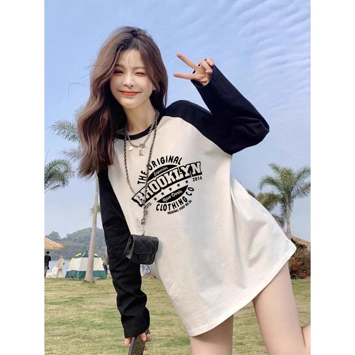 黑白撞色插肩袖t恤女2025新款韩版长袖oversize宽松春秋款上衣ins