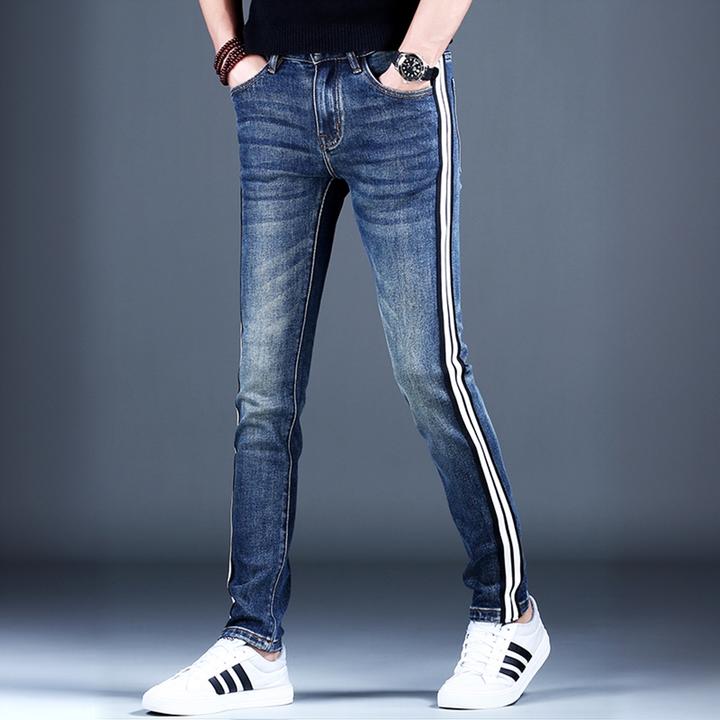 JJ秋季新款欧洲站男士高端条纹蓝色牛仔裤男款修身显瘦弹力长裤子