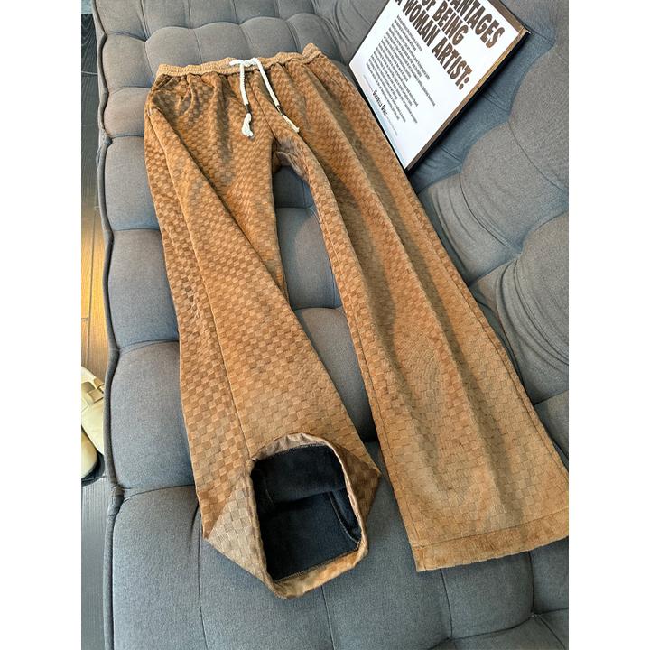 美拉德咖棕色棋盘格卫裤男冬季加绒磨毛休闲裤子美式宽松直筒长裤