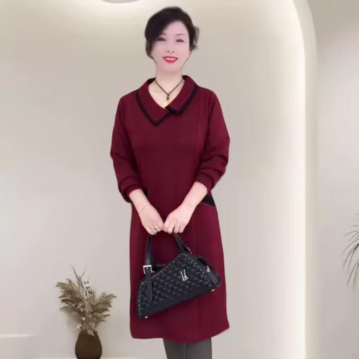 冬季新款V领加厚保暖X气质大码妈妈装遮肉显瘦裙子中长款连衣裙女