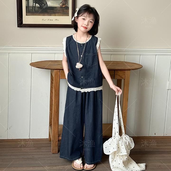 女童春夏套装2025新款儿童时髦洋气蕾丝马甲牛仔裤女孩夏装两件套