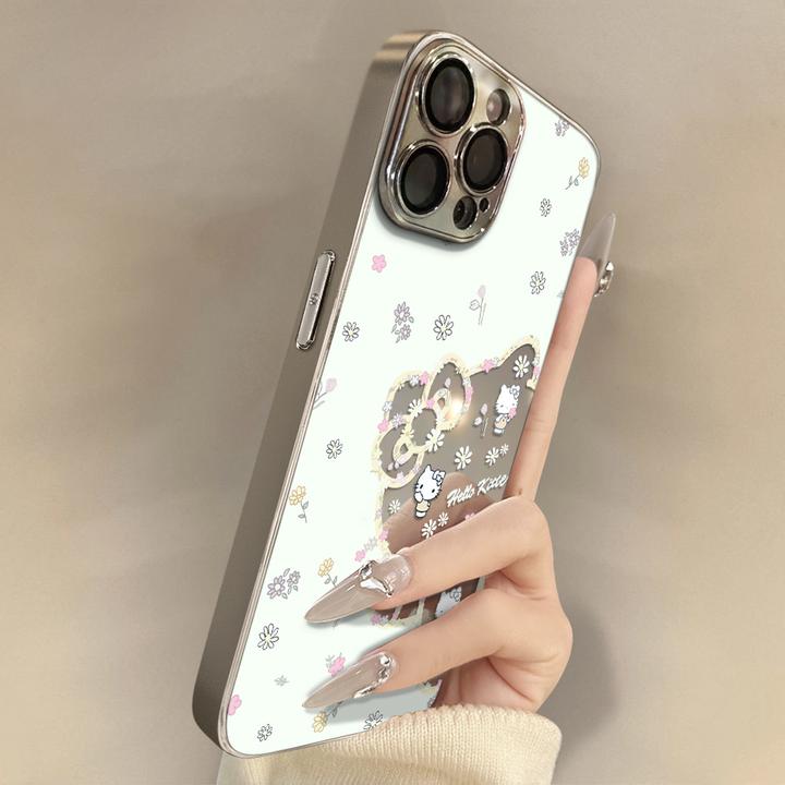 适用苹果17promax手机壳iPhone16/15pro全包防摔镜面镂空鲜花KT猫