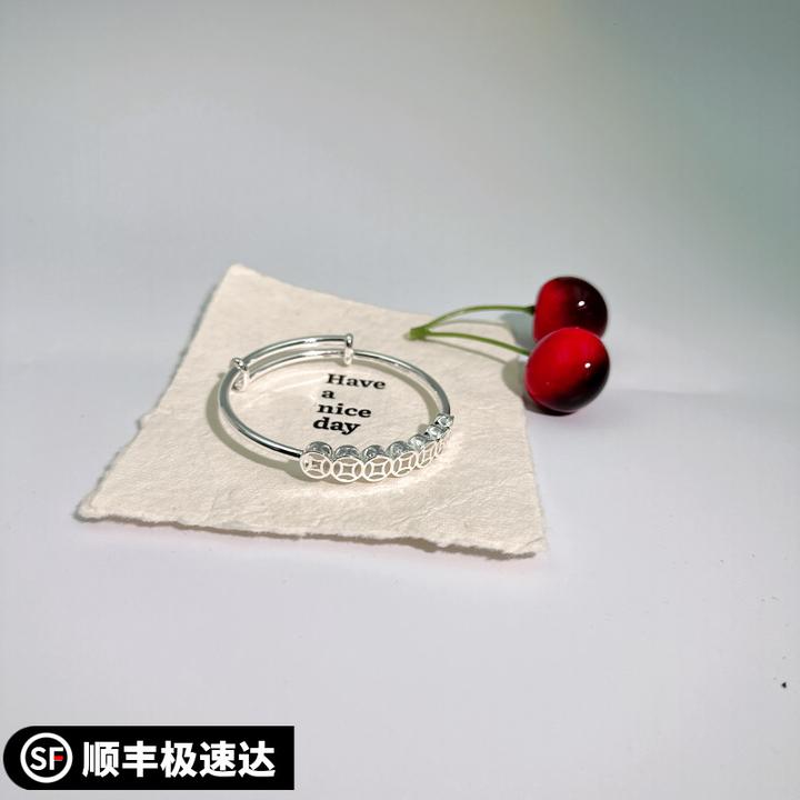 足银手镯 9999银手镯招财铜钱实心推拉时尚小众设计年轻款高级感