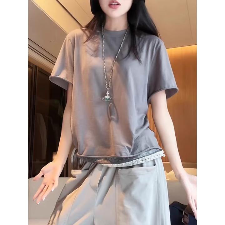 圆领卷边灰色短袖t恤女2025夏季新款正肩体恤高级感气质显瘦上衣