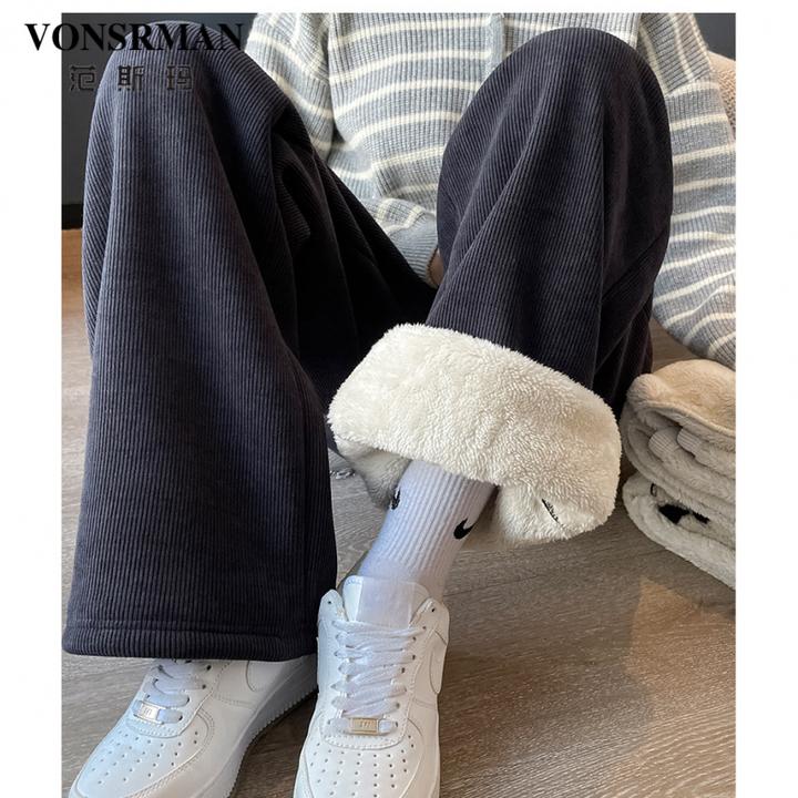 加绒显瘦阔腿裤女2025秋冬季新款高腰加厚直筒宽松灯芯绒保暖裤潮