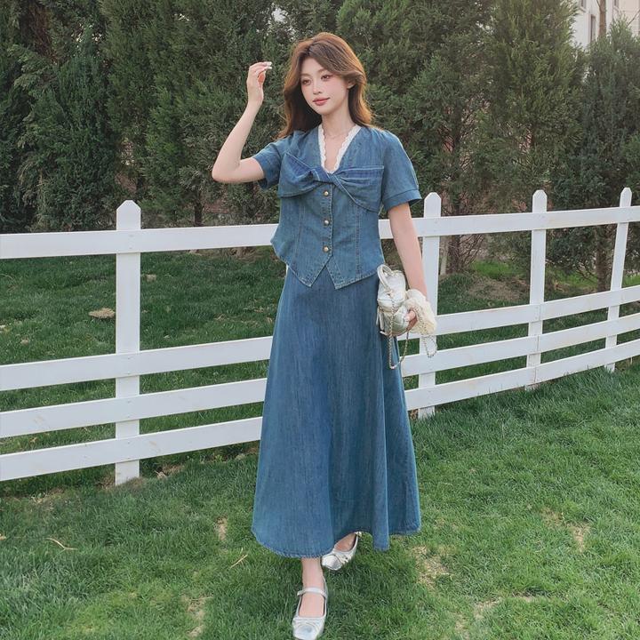 韩系复古花边V领蝴蝶结牛仔短袖上衣高腰半身裙两件套穿搭一整套