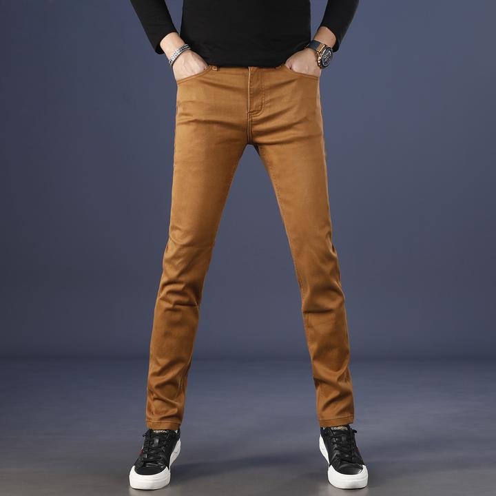 范莉泰浅咖色男士牛仔裤男款爆款2025新款修身小脚休闲秋冬裤子男