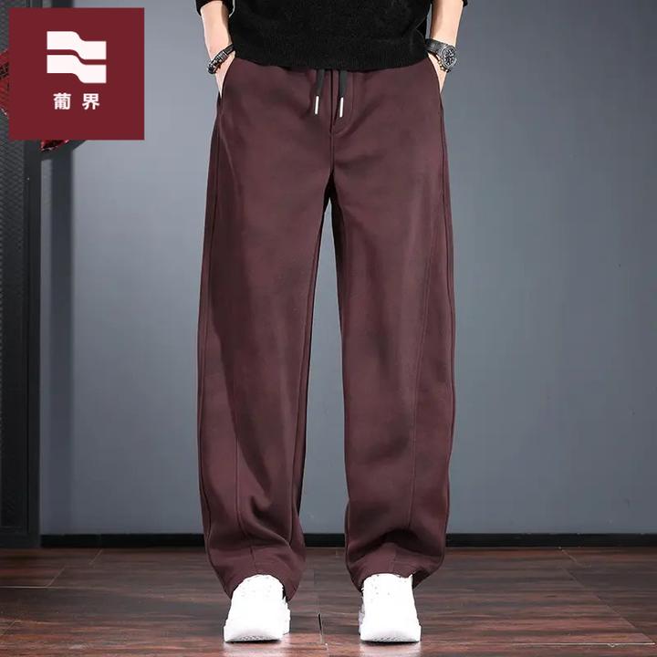 脏红色休闲弯刀裤男秋冬季美式复古针织卫裤痞帅宽松直筒阔腿裤潮
