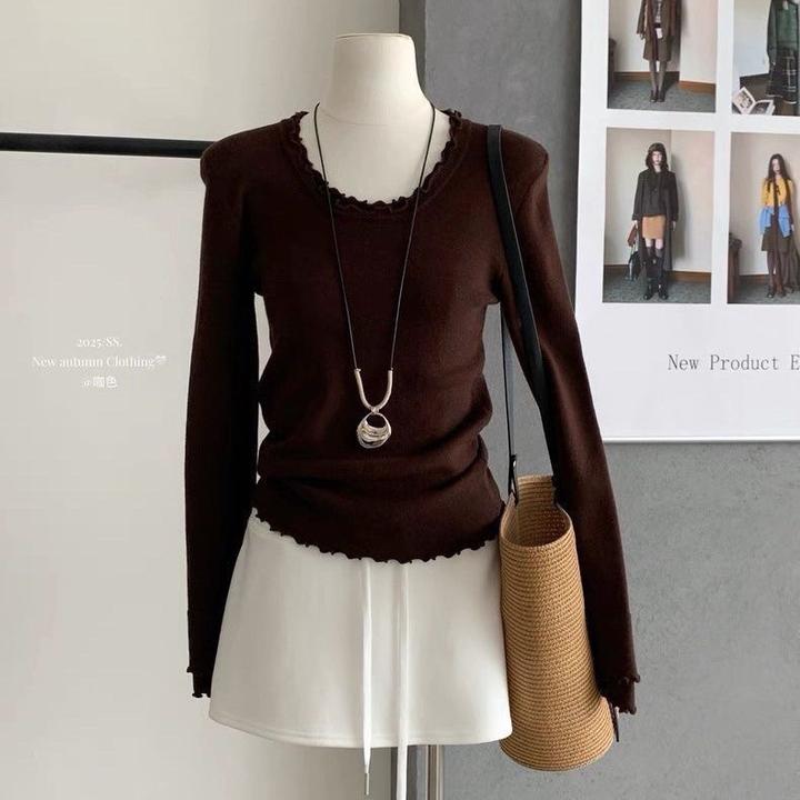 大码女装【80-180】时尚圆领木耳边针织衫女秋冬气质洋气打底衫上衣