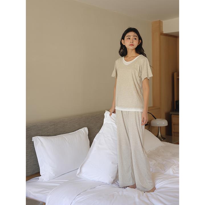 【美家臣】莫代尔睡衣女夏季新款纯色假两件套头简约休闲家居服套装
