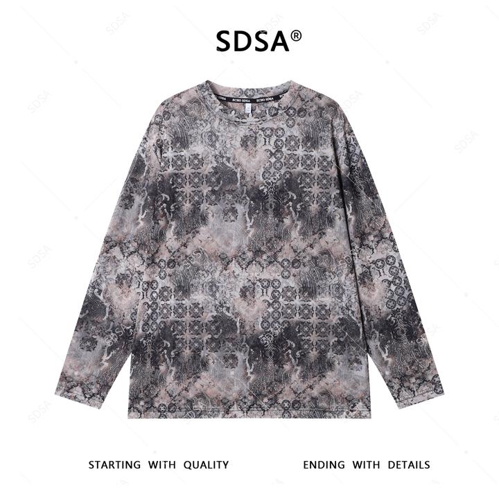 SDSA夏季新款男士痞帅潮牌做旧图案设计圆领长袖T恤百搭舒适上衣