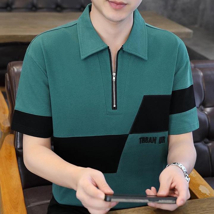 高端撞色半拉链纯棉短袖T恤男POLO衫夏季潮牌有带领男装半袖上衣