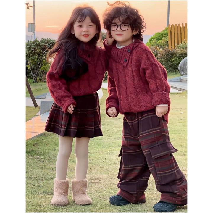 冬款儿童男女童洋气新年红色套头毛衣上衣+红格长裤短裙过年套装