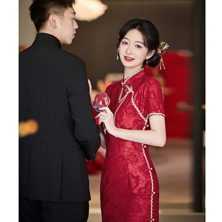 红色旗袍敬酒服2025新娘中式婚礼服小个子复古风短袖薄款包臀裙聚