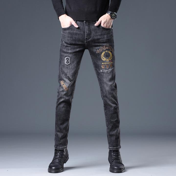 臣吾高端刺绣牛仔裤男欧洲站潮牌春秋季中年修身小脚新款印花长裤