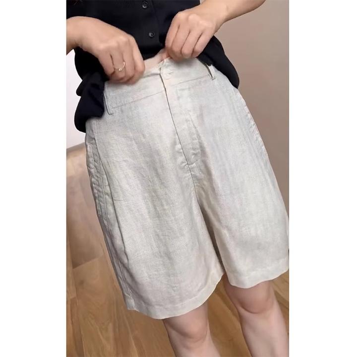 天丝亚麻阔腿短裤女夏季薄款大码胖mm高腰显瘦宽松简约休闲五分裤