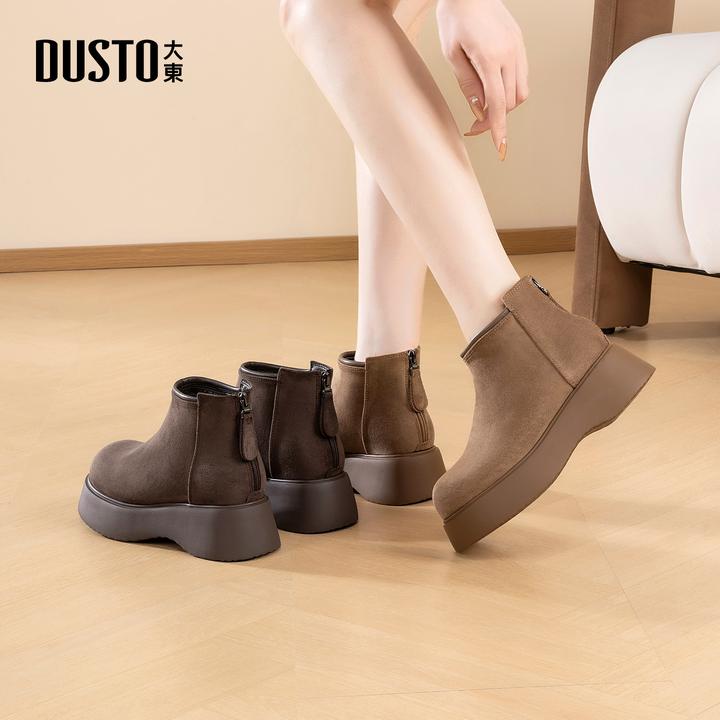 大东女鞋绒面短靴2025秋冬新款加绒保暖复古时尚百搭厚底时装靴