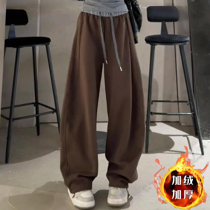 韩版秋冬刺绣拼色高腰束脚保暖窄版阔腿裤女冬季加绒加厚休闲卫裤